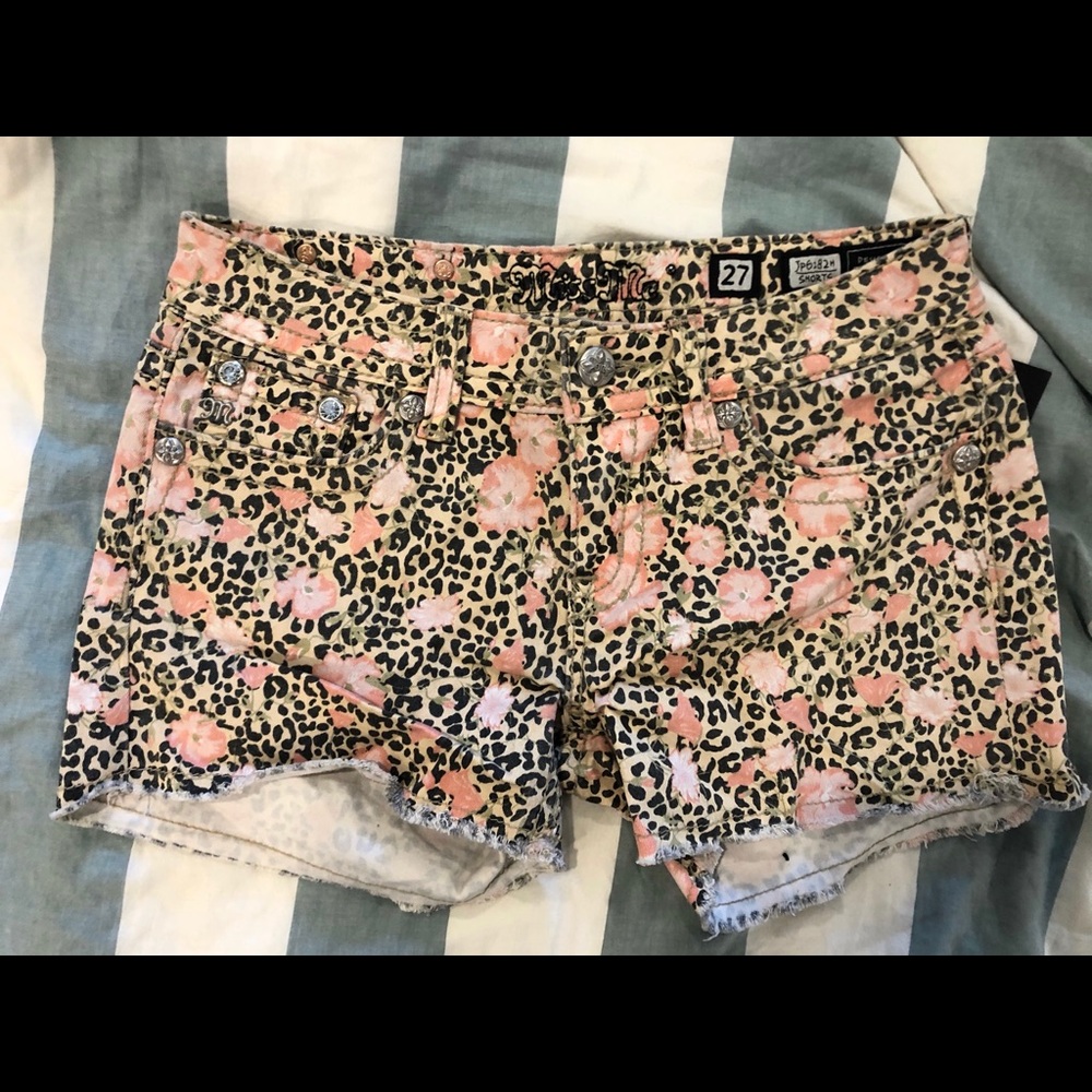 Miss Me Floral and Leopard Print Denim Shorts